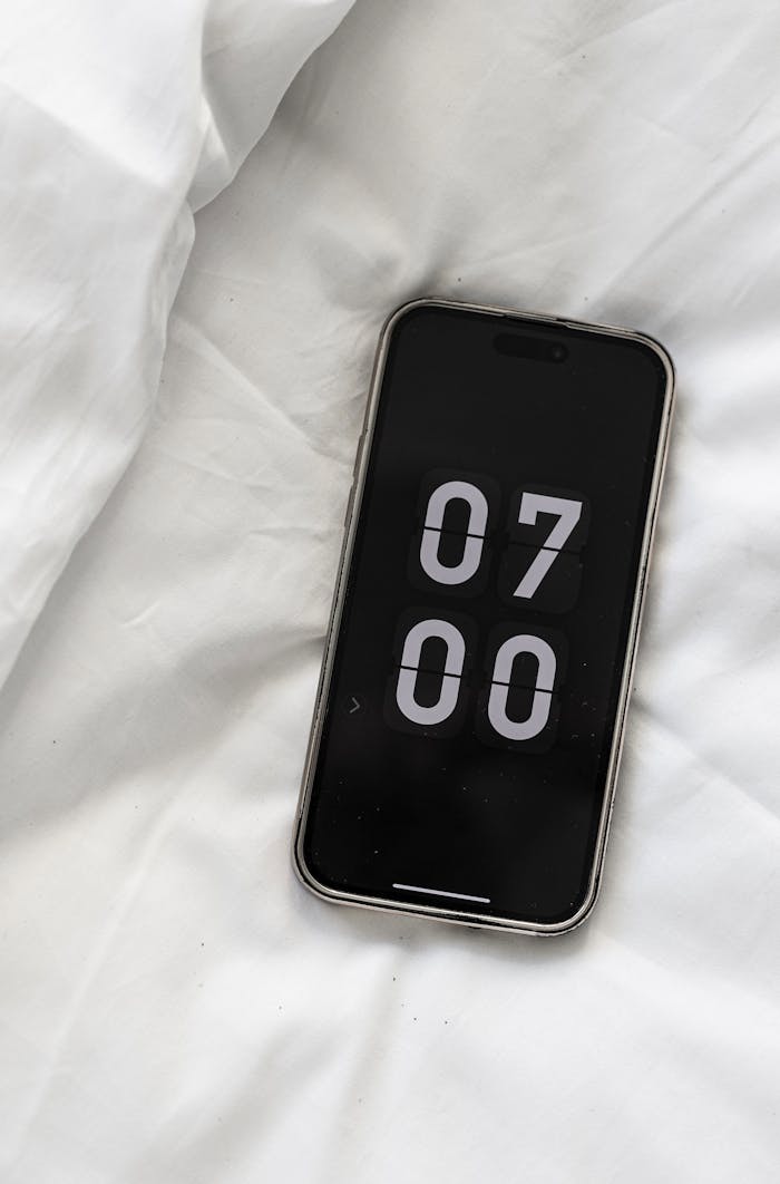 A smartphone displaying 7:00 AM with a minimalist design on a white bed setting.